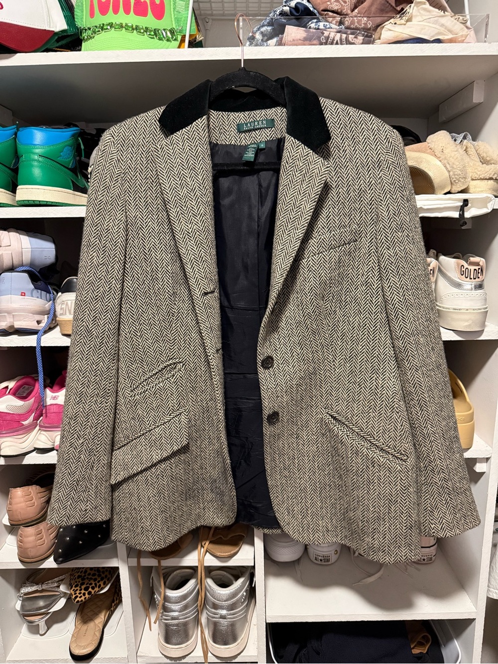 Vintage Ralph Lauren Herringbone Wool Blazer with Black Velvet Collar